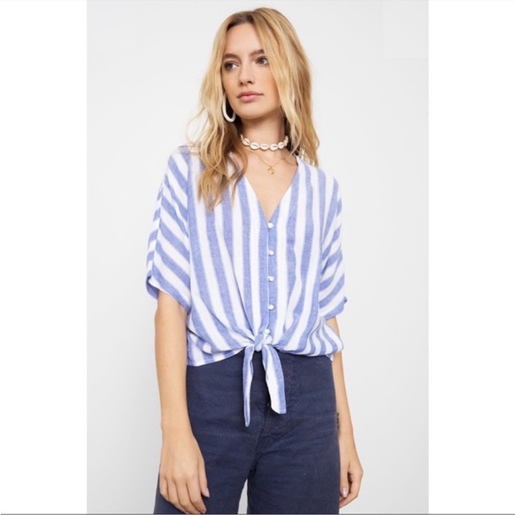 NWT Rails Thea Pacifica Blue White Linen Blend Stripe Knot Front Top - Picture 2 of 9